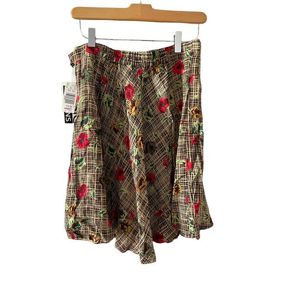 Vintage 80s Floral rayon skirt Brown & Red Poppy Print - Picture 2 of 5